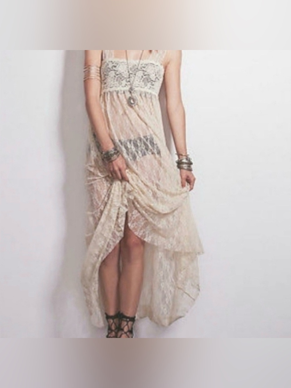 FREE PEOPLE Ivory Lace maxi dress with Textured Floral Overlay